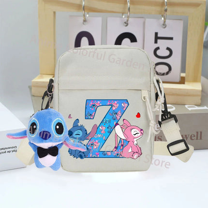 Disney Stitch Canvas Shoulder Bags with Doll Cartoon Letter A-Z Printed Fashion Handbag Multi Pocket Zipper Crossbody Bag Gifts