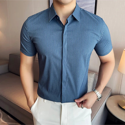 2024 Summer Fashion Vertical Striped Shirts Luxury Men's Hidden Button Short Sleeved Slim Fit Casual Business Shirt Men Clothing