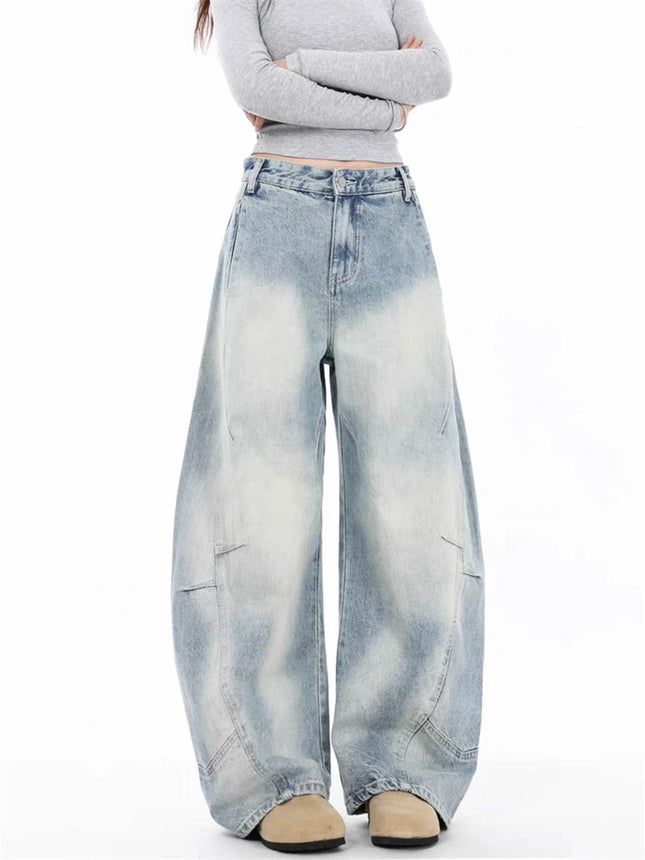 Summer Women's Light Blue Curved Wide Legs Baggy Jeans Vintage Trousers Cool Girl Bottoms Female High Waist Denim Pants