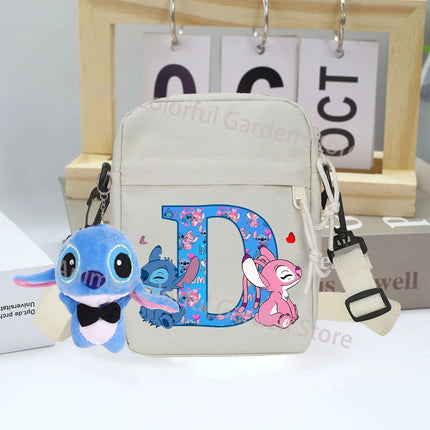 Disney Stitch Canvas Shoulder Bags with Doll Cartoon Letter A-Z Printed Fashion Handbag Multi Pocket Zipper Crossbody Bag Gifts