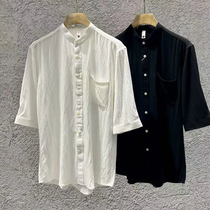 Summer New Chinese Style Stand Up Collar Shirt High Quality Slim Fit Half Sleeved Casual Social Party Shirt Men's Clothing 4XL-M