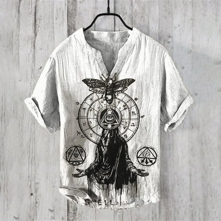 Men's Linen V-neck Shirt Hawaiian Men's T-shirt 2024 New 100% Linen Shirt HD Pattern Plus Size White Crane Landscape Painting
