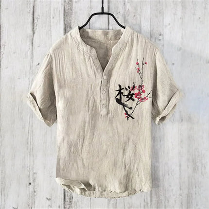 New bamboo linen 100% men's short-sleeved casual street beach V-neck short-sleeved shirt New Hawaiian linen shirt hill print shi