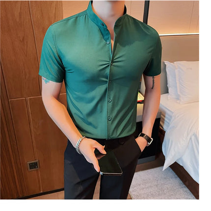 Men's Summer Fashion Stand Collar Business Casual Short Sleeve Shirt Luxury Slim Fit Solid Dress Shirt Brand Men Clothes 5XL-M