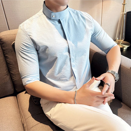 New Chinese Style Stand Up Collar Slim Fit Half Sleeved Shirts Men High Quality Striped Elegant Shirt Summer Social Party Dress