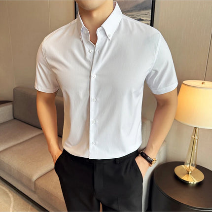 Plus Size 4XL-M High Quality Bamboo Fiber Fabric Dark Stripes Shirts Men Summer Slim Fit Casual Thin Breathable Social Shirt