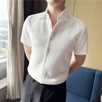 2023 Summer Waffle Short Sleeved Shirt Men Fashion Casual Solid Color Lapel Loose Shirt Male Korean Social Business Dress Blouse