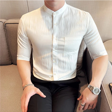 Summer New Chinese Style Stand Up Collar Shirt High Quality Slim Fit Half Sleeved Casual Social Party Shirt Men's Clothing 4XL-M