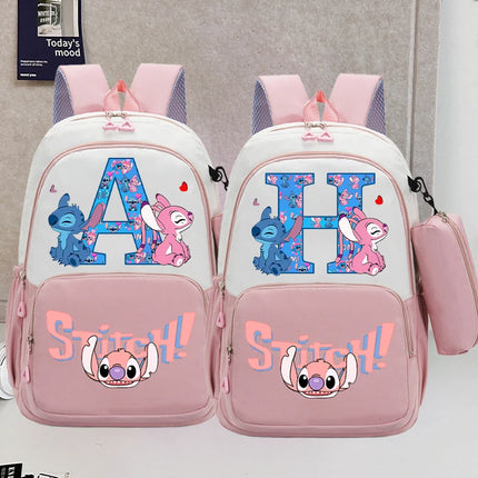 Disney Stitch Backpack with Pencil Bag for Students Anime High-capacity Schoolbag Boys Girls Letter A-Z Printed Backpacks Gifts