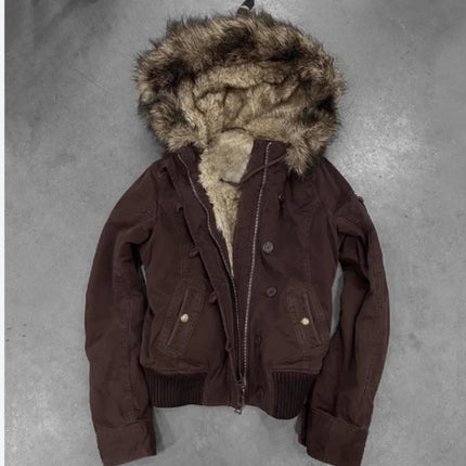 Essential brown fur collar hooded short jacket in Europe and America in autumn and winter Y2K fashionable versatile super warm
