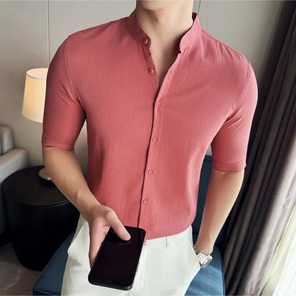 2024 Summer New Chinese Style Linen Shirts Men's Half sleeve Stand-Up Collar Linen Cotton Business Casual Slim Versatile Shirts