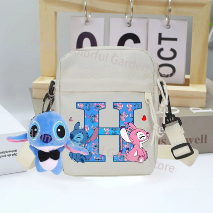 Disney Stitch Canvas Shoulder Bags with Doll Cartoon Letter A-Z Printed Fashion Handbag Multi Pocket Zipper Crossbody Bag Gifts