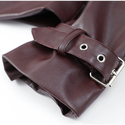 Women Red Wine Leather Short Jackets With Belt Vintage Turndown Collar Long Sleeve Coats 2024 Female Chic Streetwear Cardigan