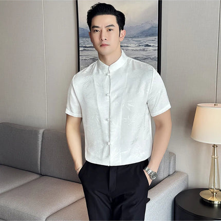 2024 Summer Chinese Style Standing Collar Shirts For Men Fashion Print Short Sleeve Slim Fit Casual Social Party Tuxedo 4XL-M