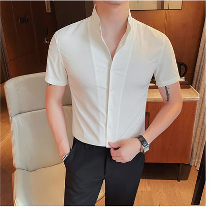 Men's Summer Fashion Stand Collar Business Casual Short Sleeve Shirt Luxury Slim Fit Solid Dress Shirt Brand Men Clothes 5XL-M