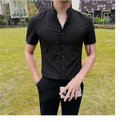 Men's Summer Fashion Stand Collar Business Casual Short Sleeve Shirt Luxury Slim Fit Solid Dress Shirt Brand Men Clothes 5XL-M
