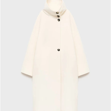 Elegant Stand Collar Overcoat Women Single Breasted Full Sleeve Solid Long Loose Coats 2025 Autumn Winter Chic Warm Lady Outwear