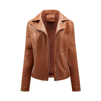 Spring and Autumn short women's leather jacket, Slim lapel biker suit, oblique zipper jacket women's coat