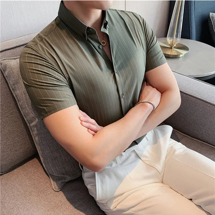 High Quality Pinstripe Casual Shirts  For Men 2024 Summer Slim Fit Business Social Elastic Social Party Shirt Plus Size 4XL-M