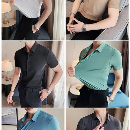6 Colors Summer Ice Silk No Trace High Elasticity Shirt Men High Quality Short Sleeve Slim Fit Casual Business Dress Shirt 4XL-M