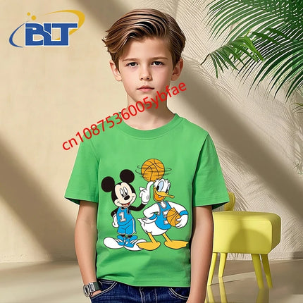 Disney Mickey Mouse and Friends print kids T-shirt pure cotton short-sleeved green top cartoon children's clothing for boys
