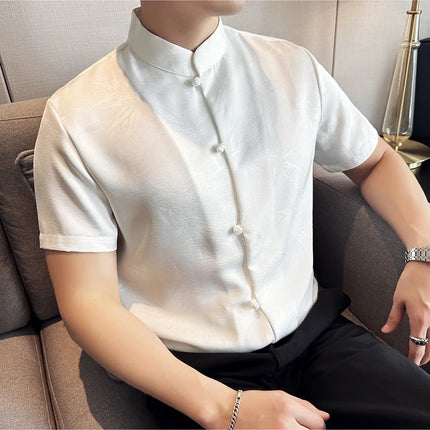 2024 Summer Chinese Style Standing Collar Shirts For Men Fashion Print Short Sleeve Slim Fit Casual Social Party Tuxedo 4XL-M