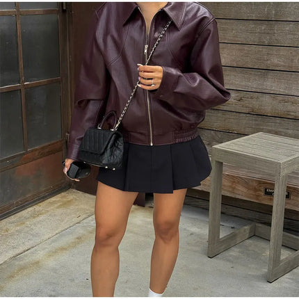 Women Red Wine Leather Short Jackets With Belt Vintage Turndown Collar Long Sleeve Coats 2024 Female Chic Streetwear Cardigan