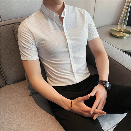 High Quality Pinstripe Casual Shirts  For Men 2024 Summer Slim Fit Business Social Elastic Social Party Shirt Plus Size 4XL-M