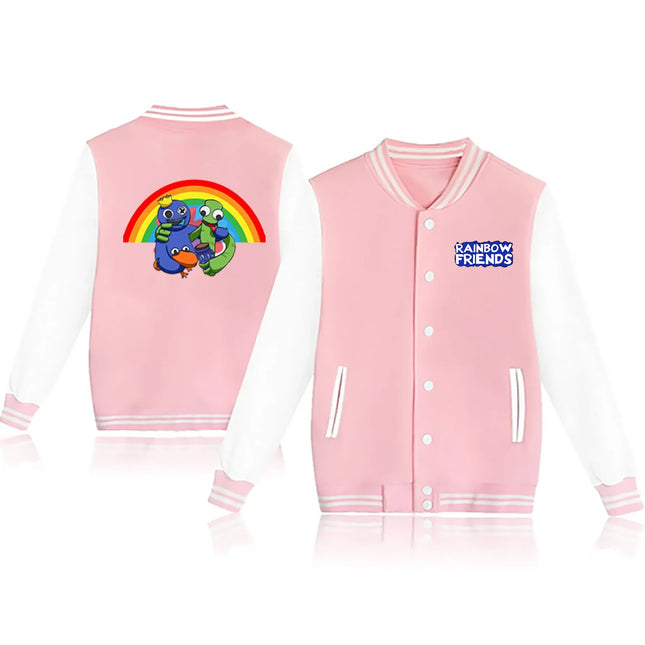 Rainbow Friends Printed Fleece Baseball Jacket European Size round Neck Loose Fit Women's Jacket Rainbow Colorful Outerwear