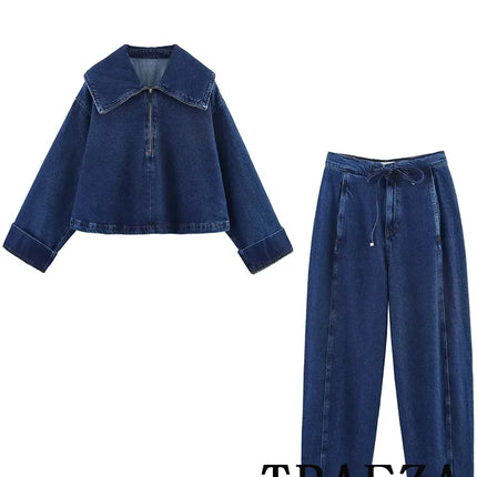 TRAFZA Vintage Casual Chic Women Cowboy Suit Zipper Loose Jackets Long Pockets Pants Fashion 2025 Spring Summer Denim Suits
