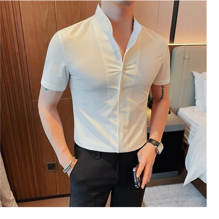 Men's Summer Fashion Stand Collar Business Casual Short Sleeve Shirt Luxury Slim Fit Solid Dress Shirt Brand Men Clothes 5XL-M