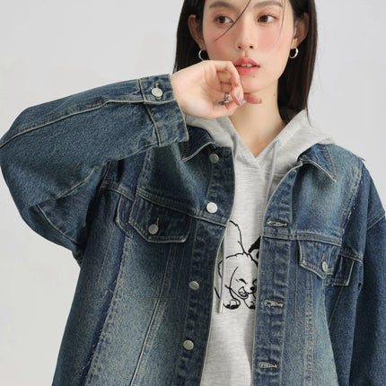 Women Retro Washed Denim Jacket Spring 2025 Oversized Drop Shoulder Loose Fit Casual Fashionable Lapel Collar Chic Jean Coat