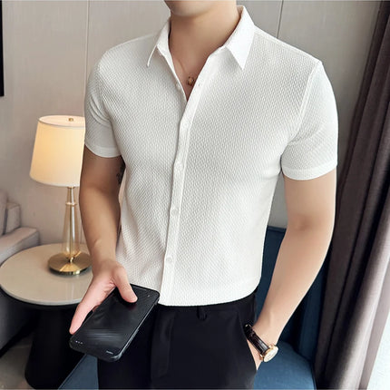 2024 Summer Waffle Shirt Luxury Men's Slim Fit Casual Short Sleeved Business Versatile Dress Shirt Men Clothing Plus Size 4XL-M