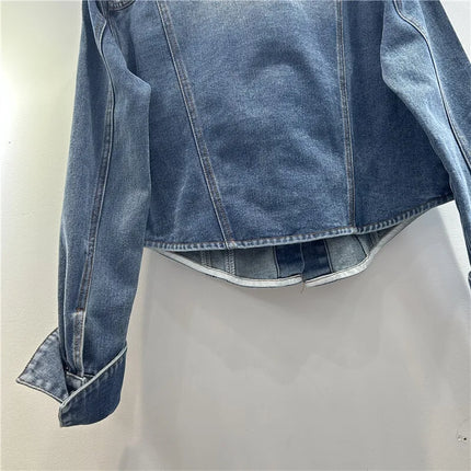 WTHT Vintage Women Heavy Indesty Spliced Leather Diamond Denim Jacket Fashion Lapel Long Sleeves Coat Female 2025 Summer 1LS1647