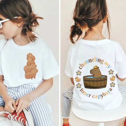 Kawaii Capybara Lovers Kids T-Shirt Short-Sleeved White T-Shirts Cartoon Tees Summer Children Top Crew Neck Children's Clothing