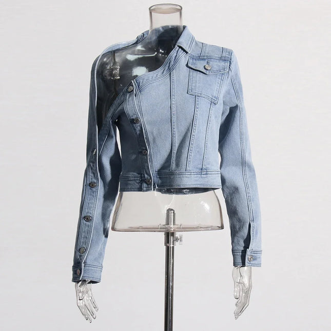 VGH Streetwear Spliced Button Chic Denim Jacket for Women Diagonal Collar Long Sleeve Patchwork Pockets Slim Short Coat Female