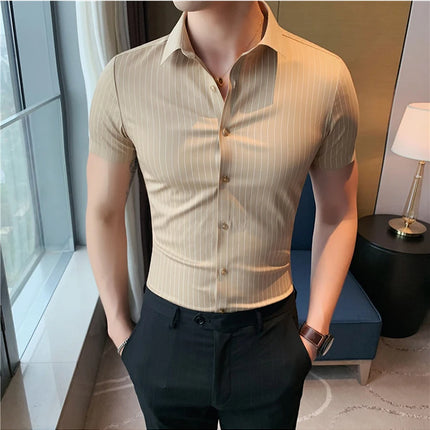 High Quality Ice Silk Traceless Striped Shirt Men's Summer Short Sleeve Slim Casual Business Shirts Tuxedo Men Clothing 4XL-M