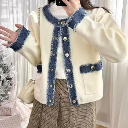 2025 Women's contrast denim patchwork knit jacket pocket o collar single breasted long sleeve women's short white coat 25A084