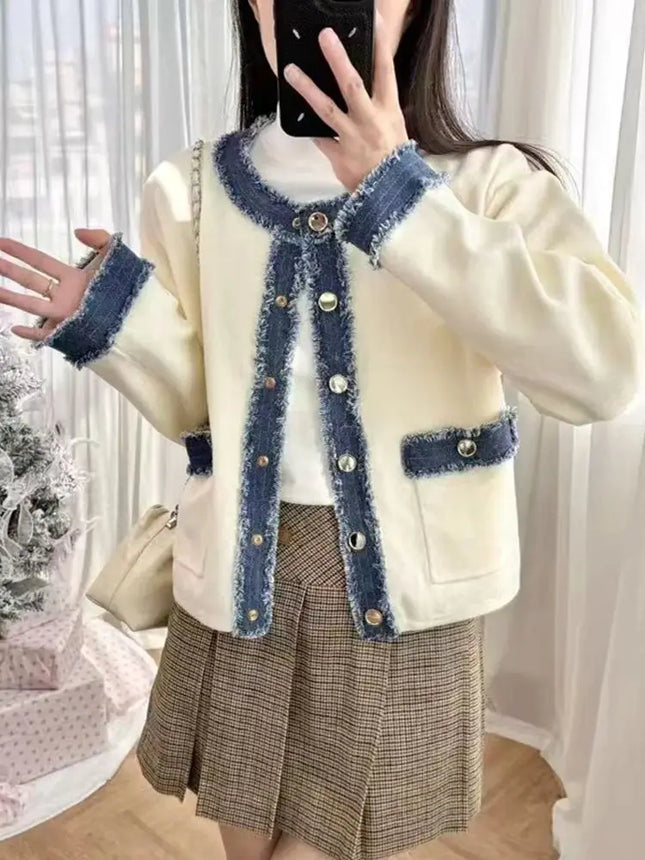 2025 Women's contrast denim patchwork knit jacket pocket o collar single breasted long sleeve women's short white coat 25A084