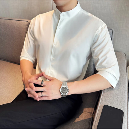 High Quality Chinese Style Stand Up Neck Shirt Men's Summer Mid Sleeved Slim Fit Casual Social Business Blouse Homme 4XL-M