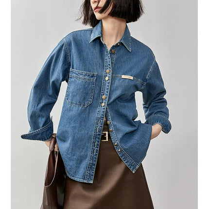 SENTUBILA 100% Cotton Washed Denim Jacket for Women 2025 Spring Retro Loose Patchwork Pockets Leather Logo Coat W43C56148