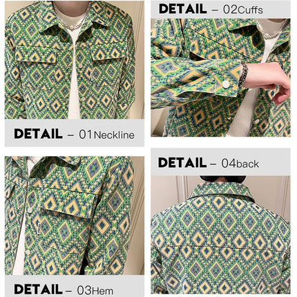 Men's Printed Denim Jacket in Red, Single Breasted Square Collar Coat, White Blue Trim, Asian Size M-4XL