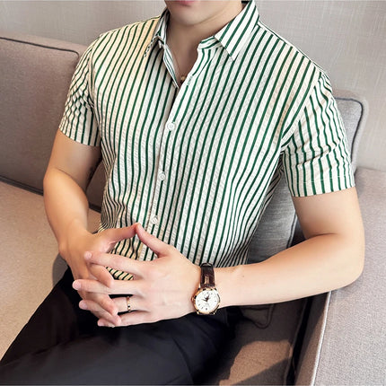 2025 Summer Fashion Vertical Striped Shirts Luxury Men's Short Sleeved Slim Fit Casual Pleated Business Shirt Men Clothing 4XL-M