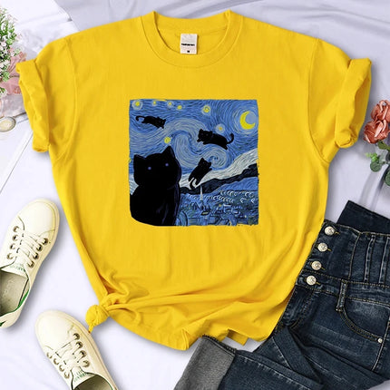 The Starry Cat Night Women T Shirts Fashion Breathable Cool Short Sleeve Street Hip Hop Tops Casual All-math Female Tee Clothing