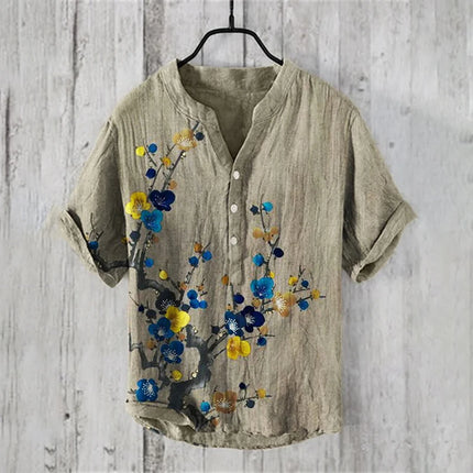 New bamboo linen 100% men's short-sleeved casual street beach V-neck short-sleeved shirt New Hawaiian linen shirt hill print shi