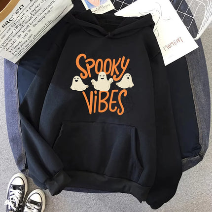 Spooky Vibes Halloween Ghost Hoodie Winter Warm Long Sleeve Hoodies Women Sweatshirt Harajuku Cartoon Sudaderas Unisex Hoody