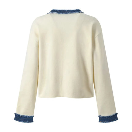 2025 Women's contrast denim patchwork knit jacket pocket o collar single breasted long sleeve women's short white coat 25A084