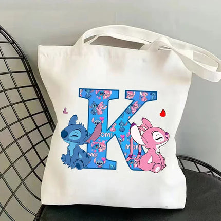 Disney Stitch Fashion Canvas Tote Bag for Women Anime Letter A-Z Printed Shoulder Bag Students Commute Portable Handbags Gifts