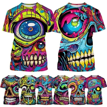 Colorful Street Graffiti Hip Hop Cool Skull 3D Printed Crew Neck T-shirt Personalized Men's Fashion Casual T-shirt Short Sleeve