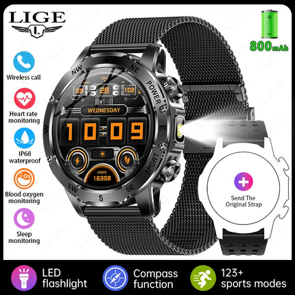 LIGE New 800mAh Super Capacity Battery Men Smart Watch 1.53" HD Bluetooth Call Compass LED Flashlight IP68 Sports Smartwatch Man
